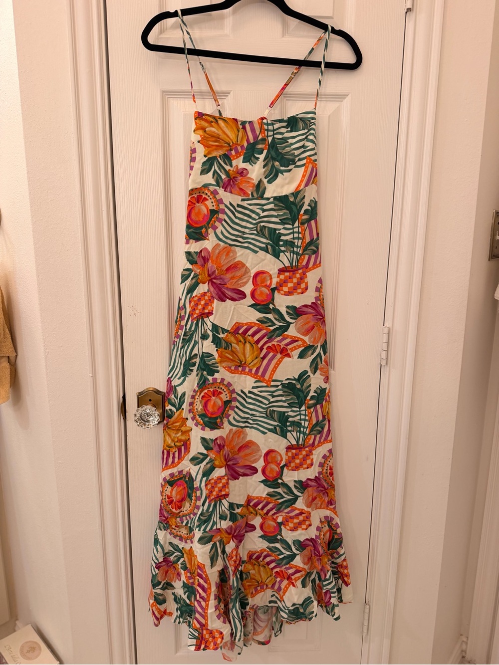 Tropical Floral Maxi Dress in Ivory with Pink & Orange Accents